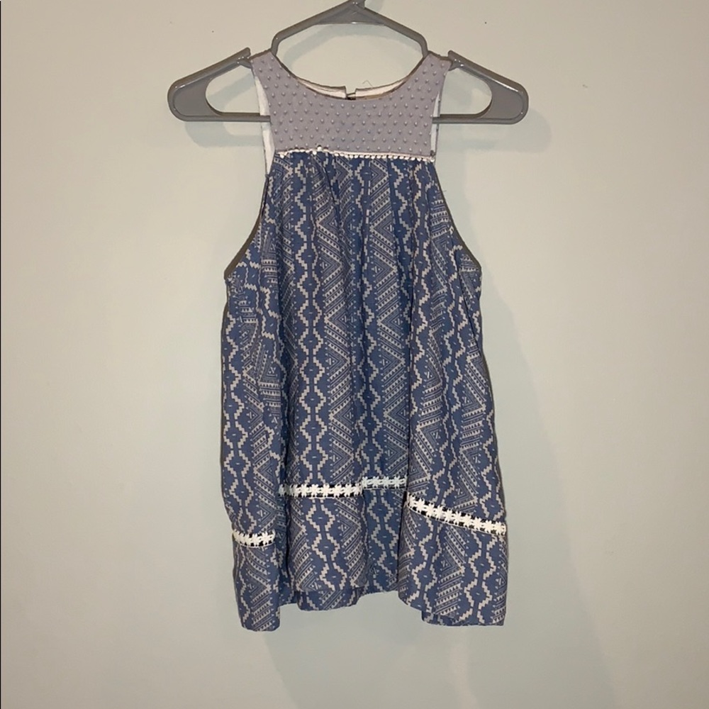 Blue Sleeveless Patterned Blouse